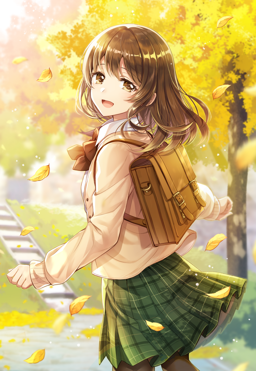 1girl :d backpack bag black_legwear blazer blurry blurry_background blush bow brown_bow brown_eyes brown_hair brown_jacket collared_shirt commentary_request day depth_of_field green_skirt highres jacket leaf leaves_in_wind long_hair long_sleeves looking_at_viewer looking_to_the_side mono_lith open_blazer open_clothes open_jacket open_mouth original outdoors pantyhose plaid plaid_skirt pleated_skirt school_uniform shirt skirt smile solo tree white_shirt