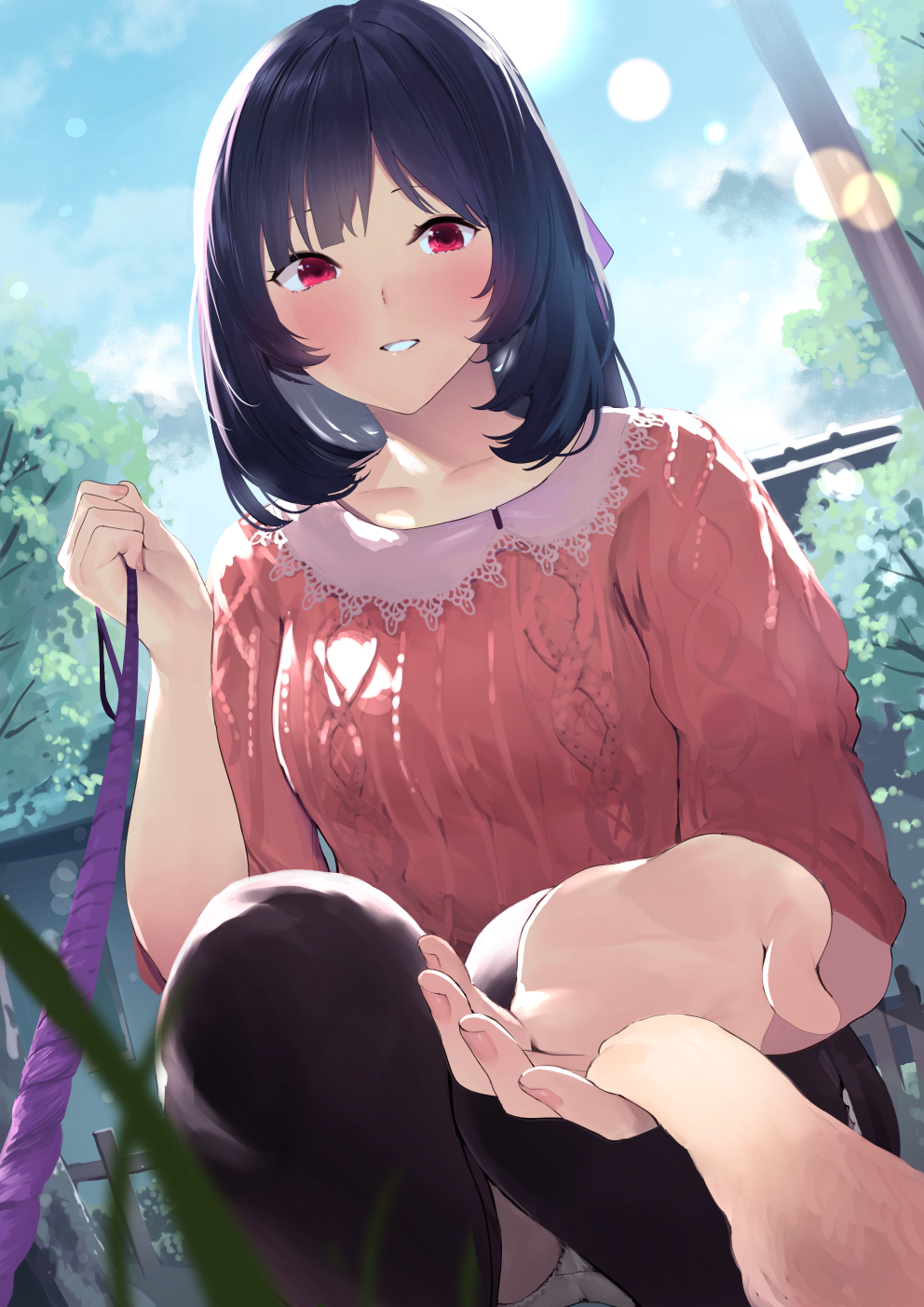 1girl bangs black_hair black_legwear black_skirt blue_sky blush breasts clouds collarbone day dog from_below furukawa_itsuse grass hair_ribbon highres holding_leash leash looking_at_viewer medium_breasts original outdoors panties parted_lips pov reaching_out red_eyes red_sweater ribbon short_hair sidelocks skirt sky smile solo squatting sunlight sweater tareme thigh-highs underwear white_panties