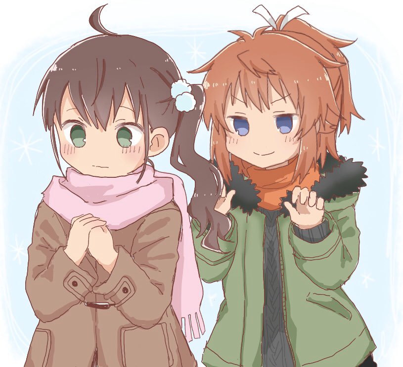 2girls bangs black_sweater blush brown_coat brown_hair closed_mouth coat commentary_request eyebrows_visible_through_hair fringe_trim fur-trimmed_jacket fur_trim green_eyes green_jacket hair_between_eyes hair_ornament hair_ribbon hands_together hands_up jacket koshigaya_natsumi long_hair long_sleeves media_factory multiple_girls niizato_aoi non_non_biyori open_clothes open_jacket orange_scarf own_hands_together pink_scarf ponytail ribbon scarf shika_(s1ka) side_ponytail silver_link sleeves_past_wrists smile sweater upper_body v-shaped_eyebrows white_ribbon you_gonna_get_raped