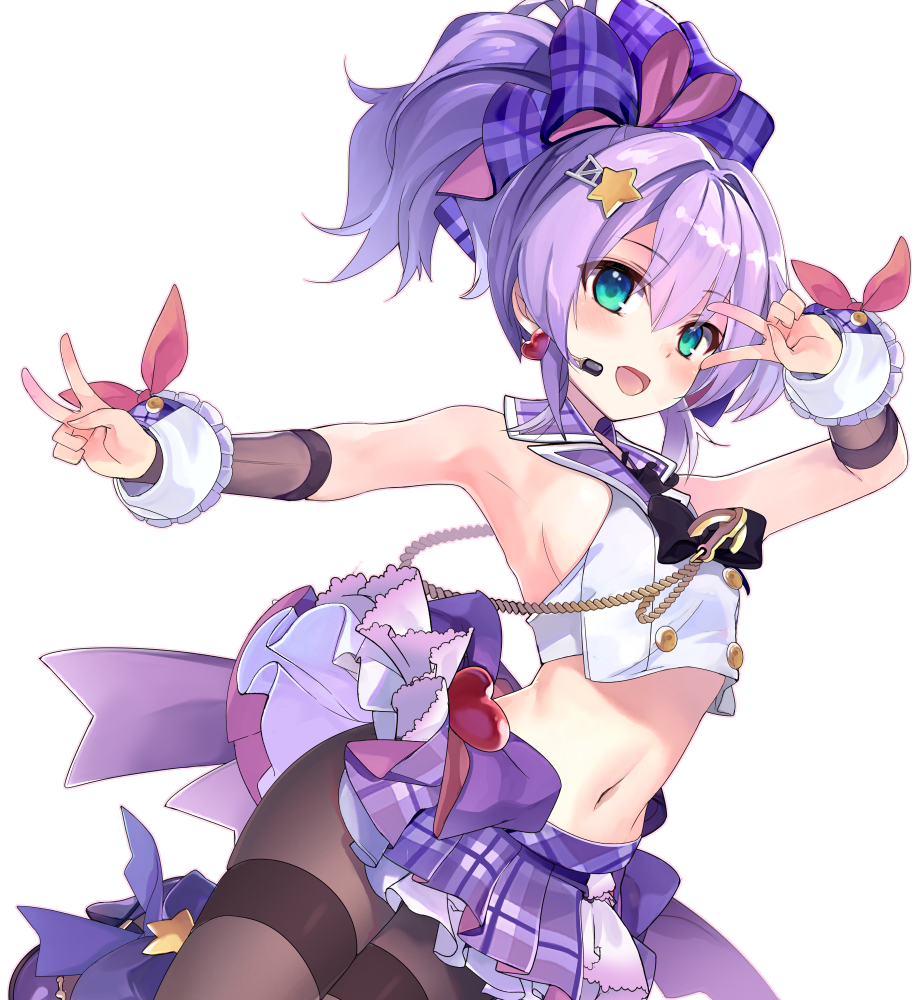 1girl :d aqua_eyes armpits azur_lane bare_shoulders bow breasts brown_legwear crop_top crop_top_overhang double_v earrings hair_bow hair_ornament heart idol javelin_(aspiring_new_idol)_(azur_lane) javelin_(azur_lane) jewelry lavender_hair long_hair looking_at_viewer midriff miniskirt navel open_mouth outstretched_arm pantyhose ponytail purple_bow purple_footwear purple_skirt shirokitsune shirt shoes simple_background skirt sleeveless sleeveless_shirt small_breasts smile solo star star_hair_ornament stomach thighband_pantyhose v white_background white_shirt wing_collar wrist_cuffs