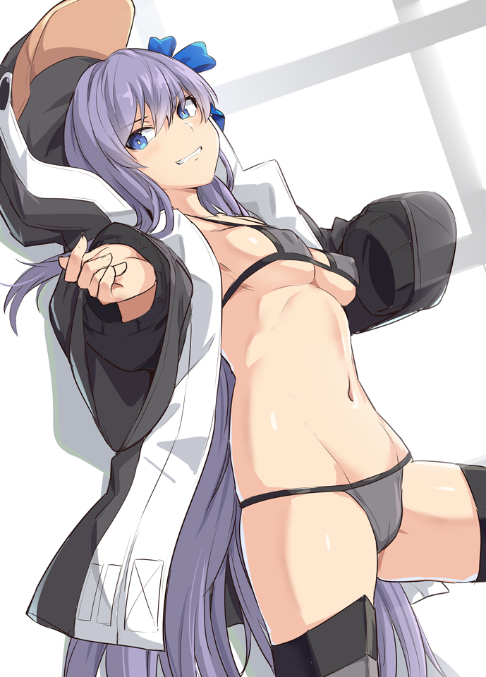 1girl animal_hood bangs bare_shoulders bikini black_jacket blue_bow blue_eyes bow breasts collarbone fate/grand_order fate_(series) greaves grey_bikini grin hair_between_eyes hood jacket long_hair long_sleeves looking_at_viewer meltryllis meltryllis_(swimsuit_lancer)_(fate) navel penguin_hood purple_hair shiseki_hirame sleeves_past_fingers sleeves_past_wrists small_breasts smile solo swimsuit thighs very_long_hair