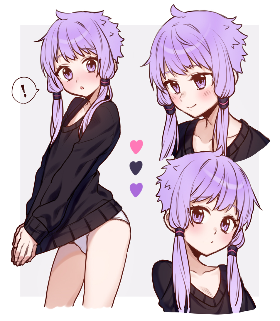 ! 1girl :o ai_kusunoki bangs black_sweater clothes_pull cropped_torso grey_background hair_tubes heart long_sleeves looking_at_viewer multiple_views no_pants own_hands_together panties purple_hair short_hair_with_long_locks sidelocks smile spoken_exclamation_mark sweater sweater_pull underwear v_arms violet_eyes vocaloid voiceroid white_panties yuzuki_yukari
