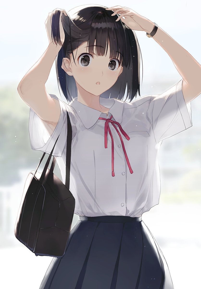 adjusting_hair armpits arms_up bag bangs black_eyes black_hair blunt_bangs bob_cut cowboy_shot dress_shirt hair_strand handbag highres looking_at_viewer nakamura_takeshi navy_blue_skirt open_mouth original raised_eyebrows red_ribbon ribbon school_uniform see-through_silhouette shirt short_hair watch watch white_shirt