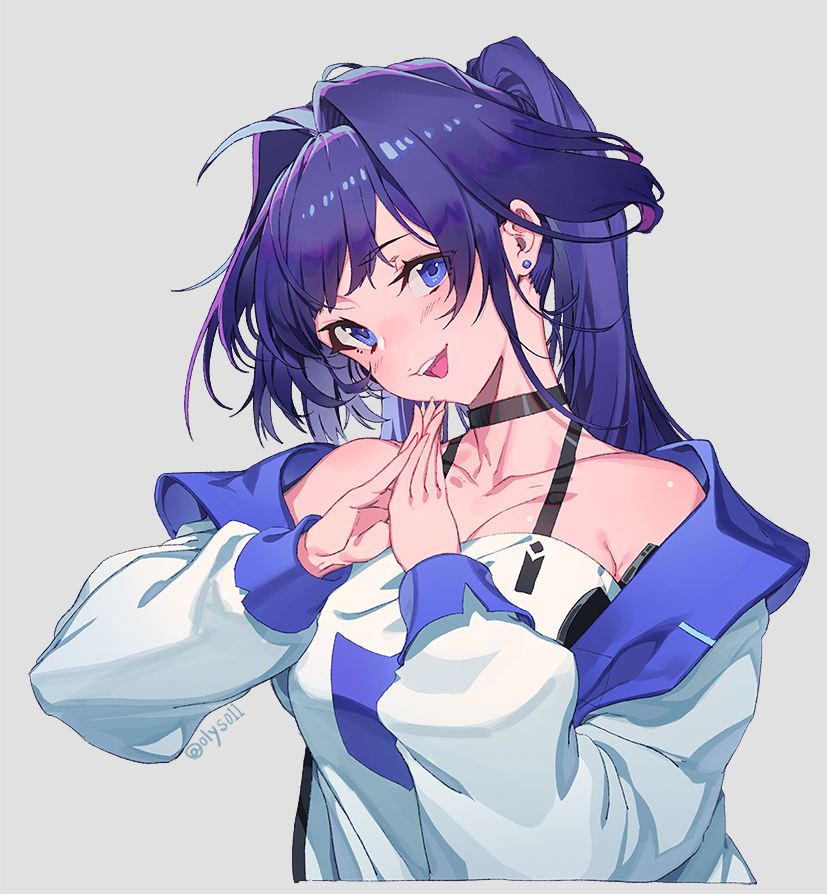 1girl :d bangs bare_shoulders blue_eyes blush breasts choker collarbone dress eyebrows_visible_through_hair fingers_together hair_ornament head_tilt honkai_(series) honkai_impact_3rd jacket large_breasts long_hair looking_at_viewer olys open_clothes open_jacket open_mouth purple_hair raiden_mei raiden_mei_(striker_fulminata) sidelocks simple_background smile solo twitter_username