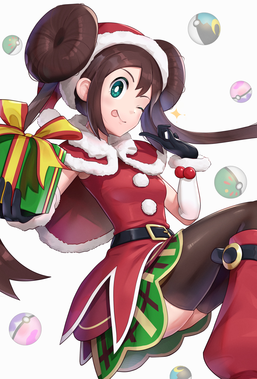 1girl ;p alternate_costume belt black_gloves black_legwear blue_eyes boots box breasts brown_hair capelet commentary_request double_bun dress fur-trimmed_capelet fur_trim gift gift_box gloves gonzarez hat highres holding holding_gift layered_skirt long_hair looking_at_viewer medium_breasts mei_(pokemon) one_eye_closed poke_ball pokemon pokemon_(game) pokemon_bw2 red_capelet red_dress red_footwear ribbon santa_boots santa_costume santa_gloves santa_hat sidelocks sleeveless sleeveless_dress solo sparkle thigh-highs tongue tongue_out twintails very_long_hair white_background