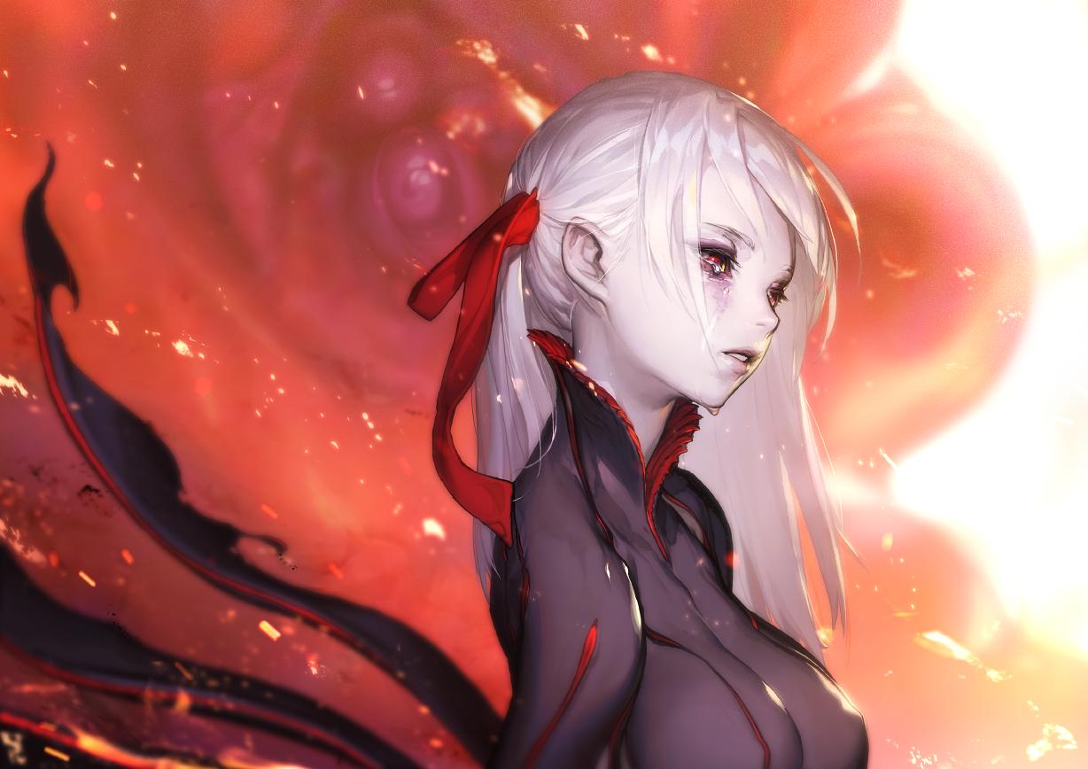 1girl covered_nipples crying embers extra_eyes fire hair_ribbon kmpym long_hair monster pale_skin pantyhose parted_lips red_eyes red_ribbon ribbon tears torn_clothes white_background white_hair