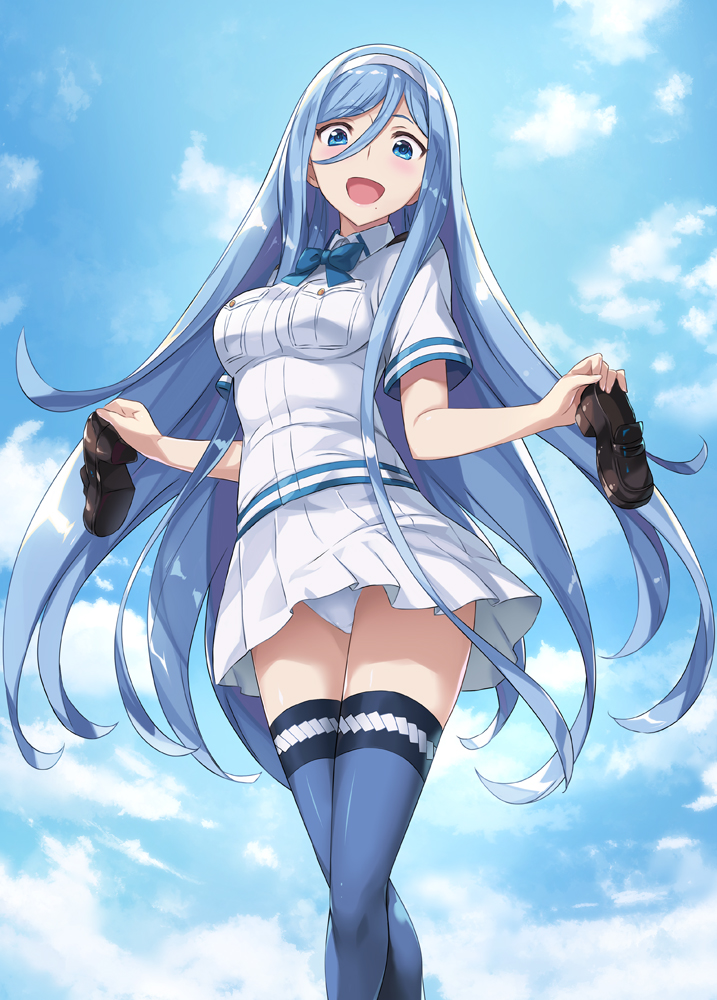 1girl aoki_hagane_no_arpeggio blue_eyes blue_hair blue_legwear blue_neckwear blush bow bowtie breasts collared_shirt crossed_legs hair_between_eyes hairband long_hair looking_at_viewer medium_breasts mole mole_under_mouth mutsumi_masato panties pantyshot ponytail school_uniform shirt short_sleeves skirt smile solo takao_(aoki_hagane_no_arpeggio) thigh-highs underwear uniform very_long_hair watson_cross white_hairband white_shirt white_skirt