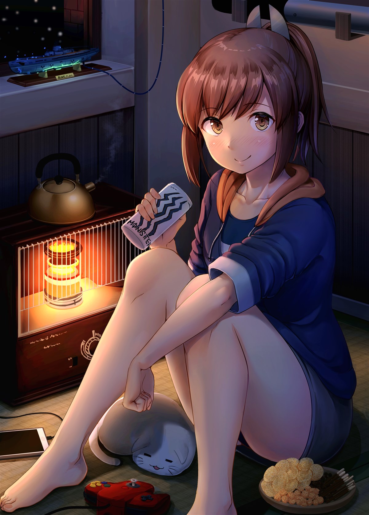 1girl barefoot blush breasts brown_eyes brown_hair can cat cellphone chips commentary_request controller food game_console game_controller highres holding holding_can hood hood_down hooded_jacket i-401_(kantai_collection) i-401_(submarine) ichikawa_feesu indoors jacket kantai_collection looking_at_viewer model model_ship monster_energy nintendo_64_controller open_clothes open_jacket open_mouth phone pocky ponytail potato_chips school_swimsuit short_hair sitting sleeping smartphone smile solo submarine swimsuit swimsuit_under_clothes tan thighs torpedo watercraft