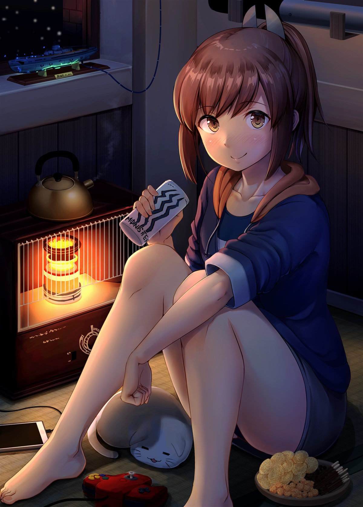 1girl barefoot blush breasts brown_eyes brown_hair can cat controller game_console game_controller highres holding holding_can hood hood_down hooded_jacket i-401_(kantai_collection) ichikawa_feesu indoors jacket kantai_collection looking_at_viewer monster_energy nintendo_64 open_clothes open_jacket open_mouth ponytail school_swimsuit short_hair sitting smile solo swimsuit swimsuit_under_clothes tan thighs