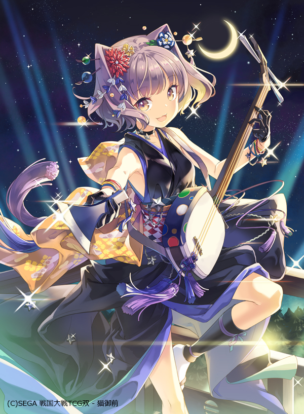 1girl :d animal_ears black_gloves black_legwear breasts brown_eyes cat_ears cat_tail copyright_request crescent_moon flower glint gloves h2so4 hair_flower hair_ornament hair_stick instrument kneehighs moon night night_sky official_art open_mouth plectrum purple_hair sengoku_saga shamisen short_hair short_sleeves sky small_breasts smile tail tassel wristband