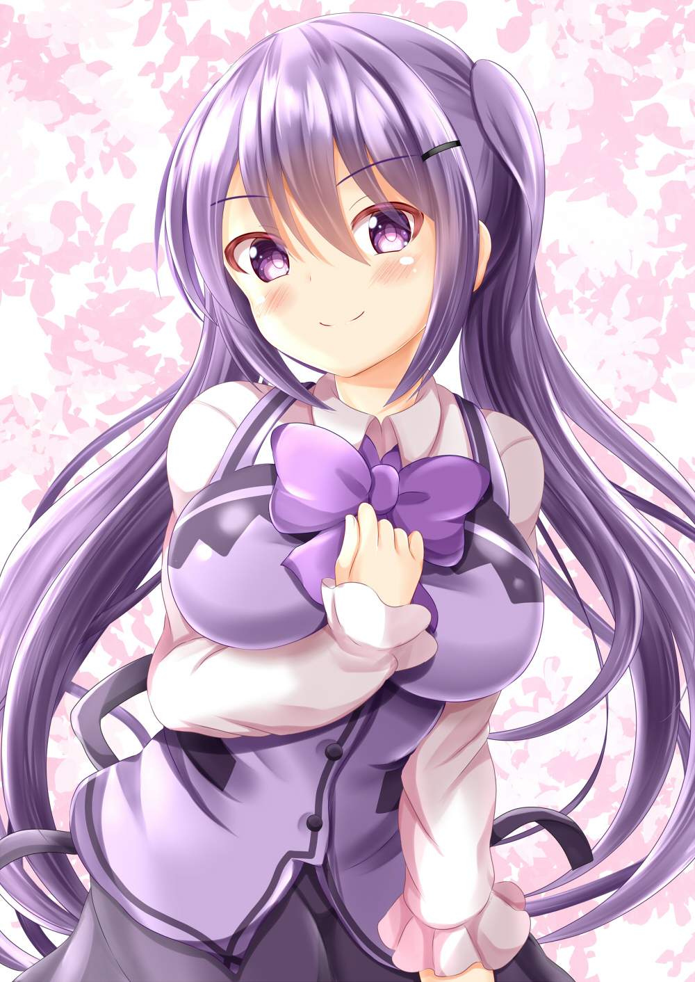 1girl bangs black_skirt blush breasts closed_mouth collared_shirt commentary_request eyebrows_visible_through_hair gochuumon_wa_usagi_desu_ka? hair_between_eyes hair_ornament hairclip hand_up highres large_breasts long_hair long_sleeves purple_hair purple_vest rabbit_house_uniform shirt skirt sleeves_past_wrists smile solo tedeza_rize twintails uniform very_long_hair vest violet_eyes waitress white_shirt zenon_(for_achieve)