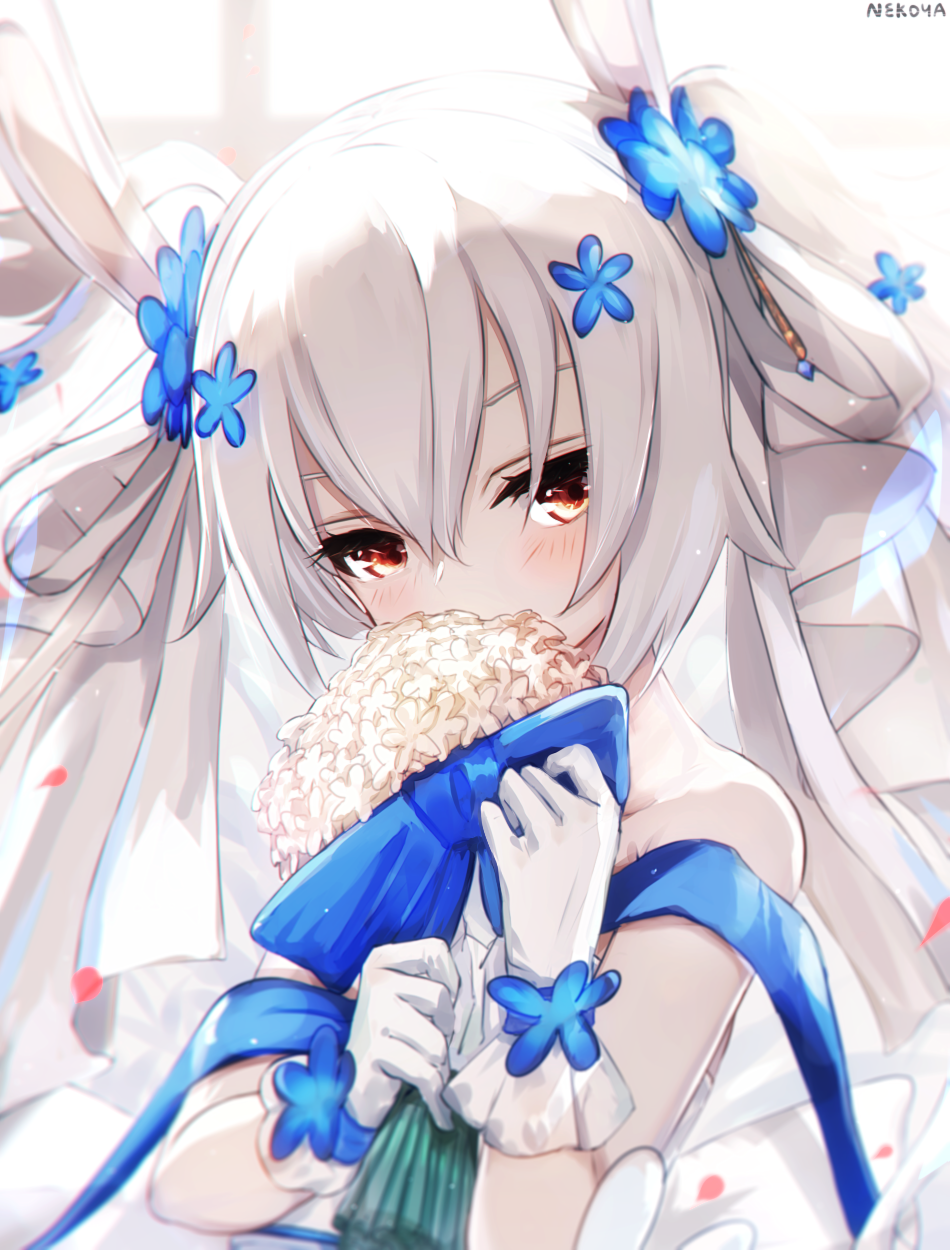 1girl animal_ears azur_lane bangs bare_shoulders blue_flower blurry blurry_background blush bouquet commentary_request depth_of_field dyolf eyebrows_behind_hair flower gloves grey_hair hair_between_eyes hair_flower hair_ornament head_tilt highres holding holding_bouquet laffey_(azur_lane) laffey_(white_rabbit's_oath)_(azur_lane) long_hair looking_at_viewer rabbit_ears red_eyes revision signature solo twintails upper_body white_flower white_gloves