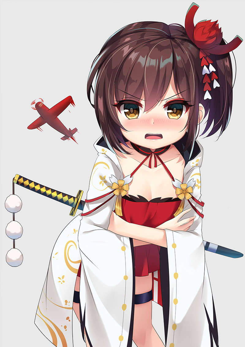 1girl agung_syaeful_anwar aircraft azur_lane brown_eyes brown_hair coat collarbone commentary dress flower hair_flower hair_ornament halter_dress halterneck kanzashi katana leaning_forward long_hair looking_at_viewer open_clothes open_coat open_mouth pom_pom_(clothes) red_dress red_flower side_ponytail sidelocks solo standing sword thigh_strap v-shaped_eyebrows weapon weapon_on_back white_coat younger zuikaku_(azur_lane)