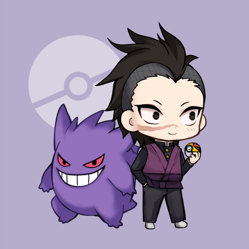 1boy black_eyes black_hair black_jacket black_pants blush chibi closed_mouth crossover evil_grin evil_smile facial_scar forehead gen_1_pokemon gengar grin hand_in_pocket holding holding_poke_ball jacket kimetsu_no_yaiba level_ball looking_away maodouzi pants poke_ball poke_ball_symbol pokemon pokemon_(creature) purple_background red_eyes scar scar_on_cheek shinazugawa_genya shoes smile standing v-shaped_eyebrows white_footwear