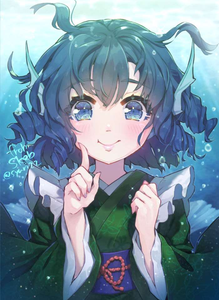 1girl air_bubble bangs blue_eyes blue_hair blue_sash blush bubble commentary_request commission eyebrows_visible_through_hair finger_to_cheek green_kimono hair_between_eyes hands_up head_fins index_finger_raised japanese_clothes kimono looking_at_viewer mermaid monster_girl obi sash short_hair smile solo syuri22 touhou underwater upper_body wakasagihime