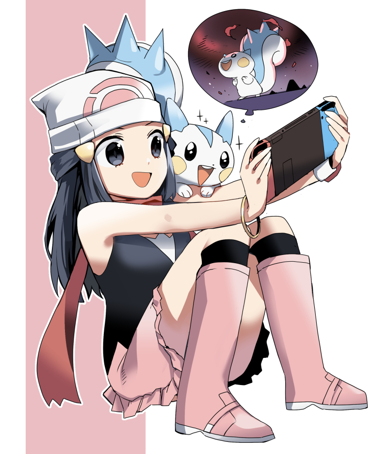 1girl :d animal beanie blue_hair boots creatures_(company) dynamax game_console game_freak gen_4_pokemon hair_ornament handheld_game_console hat hikari_(pokemon) holding human mammal moe nintendo nintendo_switch olm_digital open_mouth pachirisu pink_footwear pokemon pokemon_(anime) pokemon_(creature) pokemon_(game) pokemon_dppt scarf sitting skirt smile squirrel thought_bubble winter_clothes wm_(chawoo1357)