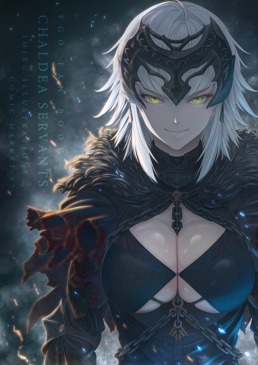 1girl bangs black_dress breasts cape chain closed_mouth coat dress fate/grand_order fate_(series) fur-trimmed_cape fur-trimmed_coat fur_collar fur_trim headpiece highres imizu_(nitro_unknown) jeanne_d'arc_(alter)_(fate) jeanne_d'arc_(fate)_(all) large_breasts looking_at_viewer short_hair silver_hair smile yellow_eyes