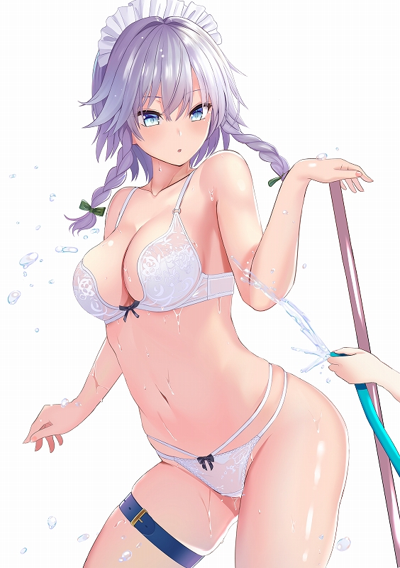 1girl :o amisu bangs bare_arms bare_shoulders blue_eyes blush bow bow_panties bra braid breasts collarbone commentary_request cowboy_shot eyebrows_visible_through_hair green_bow groin hair_between_eyes hair_bow hand_up holding hose izayoi_sakuya large_breasts looking_at_viewer maid_headdress multi-strapped_panties navel panties parted_lips short_hair silver_hair simple_background skindentation solo_focus standing stomach thigh_strap thighs touhou twin_braids underwear underwear_only water white_background white_bra white_panties