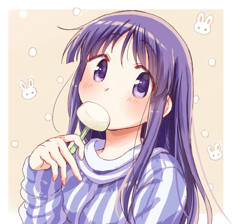 1girl blush commentary_request eating eyebrows_visible_through_hair food hand_up hinata_yukari holding long_hair long_sleeves looking_at_viewer popsicle purple_hair rabbit solo striped striped_sweater sweater tatsunokosso violet_eyes yellow_background yuyushiki