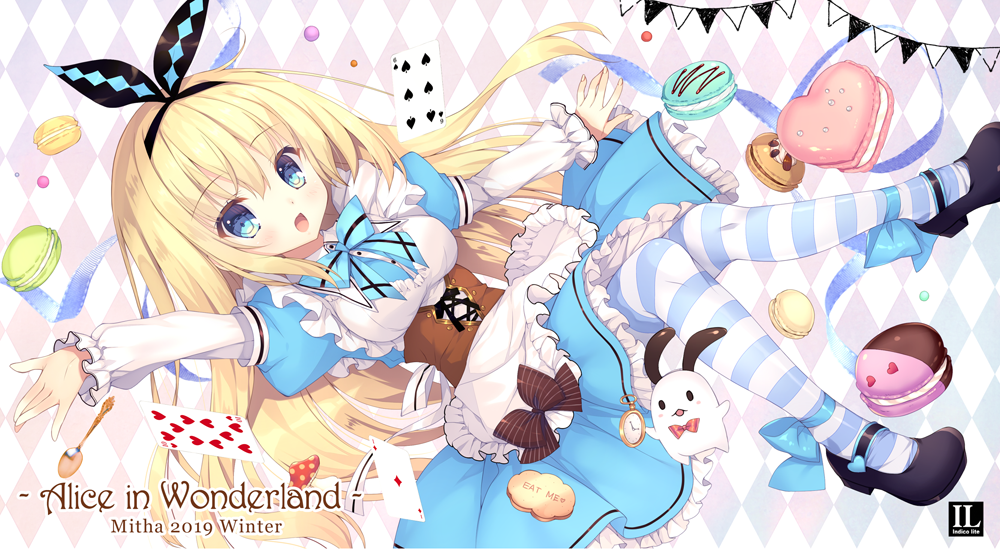 1girl :d alice_(wonderland) alice_in_wonderland animal apron argyle argyle_background bangs black_footwear black_ribbon blonde_hair blue_dress blue_eyes blush breasts card commentary_request dress eyebrows_visible_through_hair food frilled_apron frilled_dress frills hair_between_eyes hair_ribbon heart long_hair long_sleeves looking_at_viewer macaron mary_janes medium_breasts mitha open_mouth outstretched_arm pantyhose pennant playing_card puffy_short_sleeves puffy_sleeves rabbit ribbon shoes short_over_long_sleeves short_sleeves smile spade_(shape) string_of_flags striped striped_legwear thigh-highs very_long_hair white_apron white_rabbit