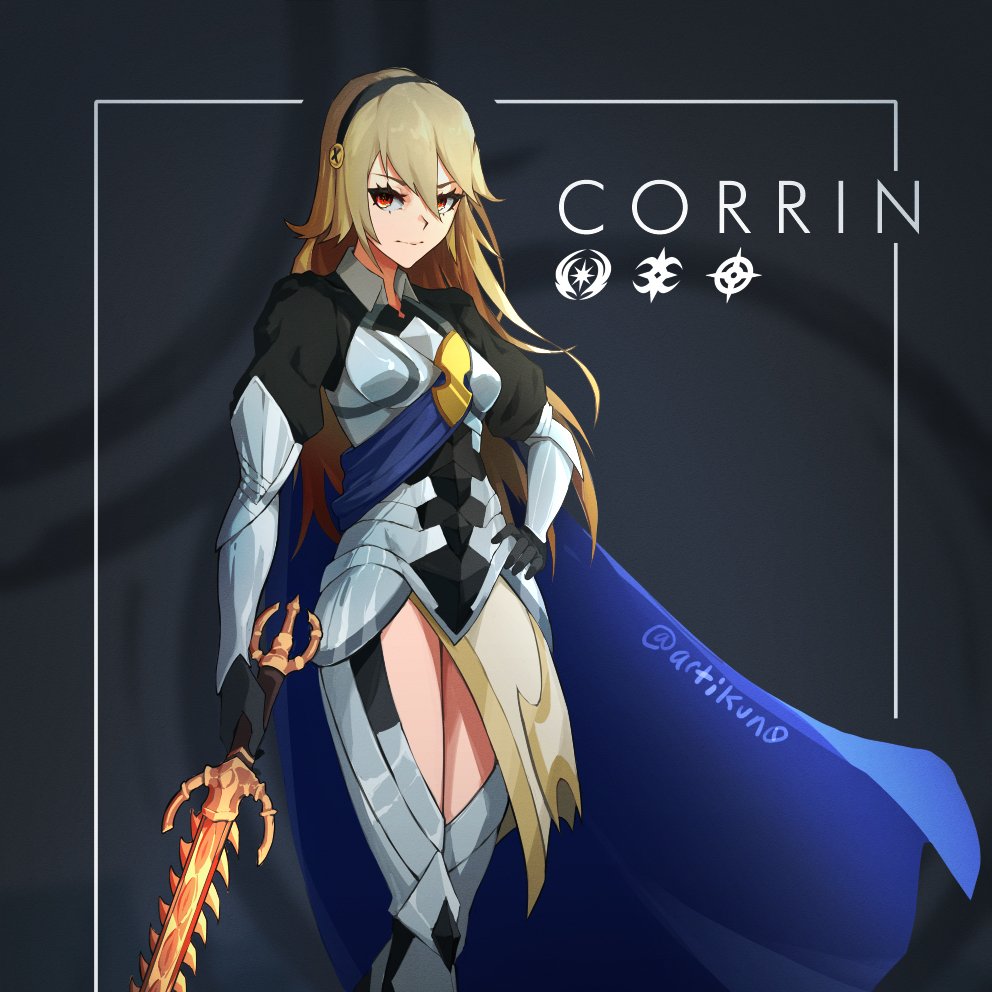 1girl alternate_hair_color armor bangs black_background black_gloves black_shirt blonde_hair blue_cape breasts cape character_name closed_mouth collared_shirt corrin_(fire_emblem) corrin_(fire_emblem)_(female) feet_out_of_frame fire_emblem fire_emblem_fates gloves hair_between_eyes hairband hand_on_hip holding holding_sword holding_weapon juliet_sleeves kuno_(runkunochan) legs_together long_hair long_sleeves medium_breasts orange_eyes puffy_sleeves shirt sidelocks simple_background solo sword thigh_cutout twitter_username weapon