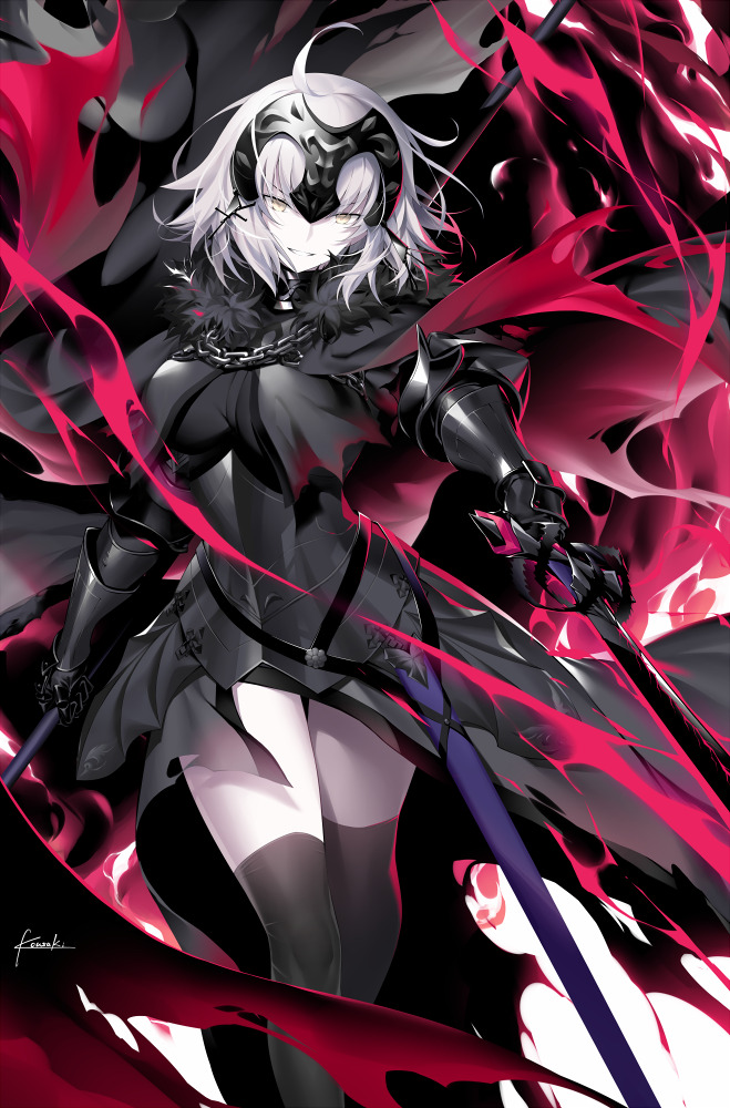 1girl ahoge armor armored_dress bangs black_armor black_legwear breasts cape chain fate/grand_order fate_(series) faulds fire flag fur-trimmed_cape fur_collar fur_trim gauntlets headpiece jeanne_d'arc_(alter)_(fate) jeanne_d'arc_(fate)_(all) kousaki_rui large_breasts looking_at_viewer pale_skin plackart sheath short_hair signature silver_hair smile solo sword thigh-highs thighs weapon yellow_eyes