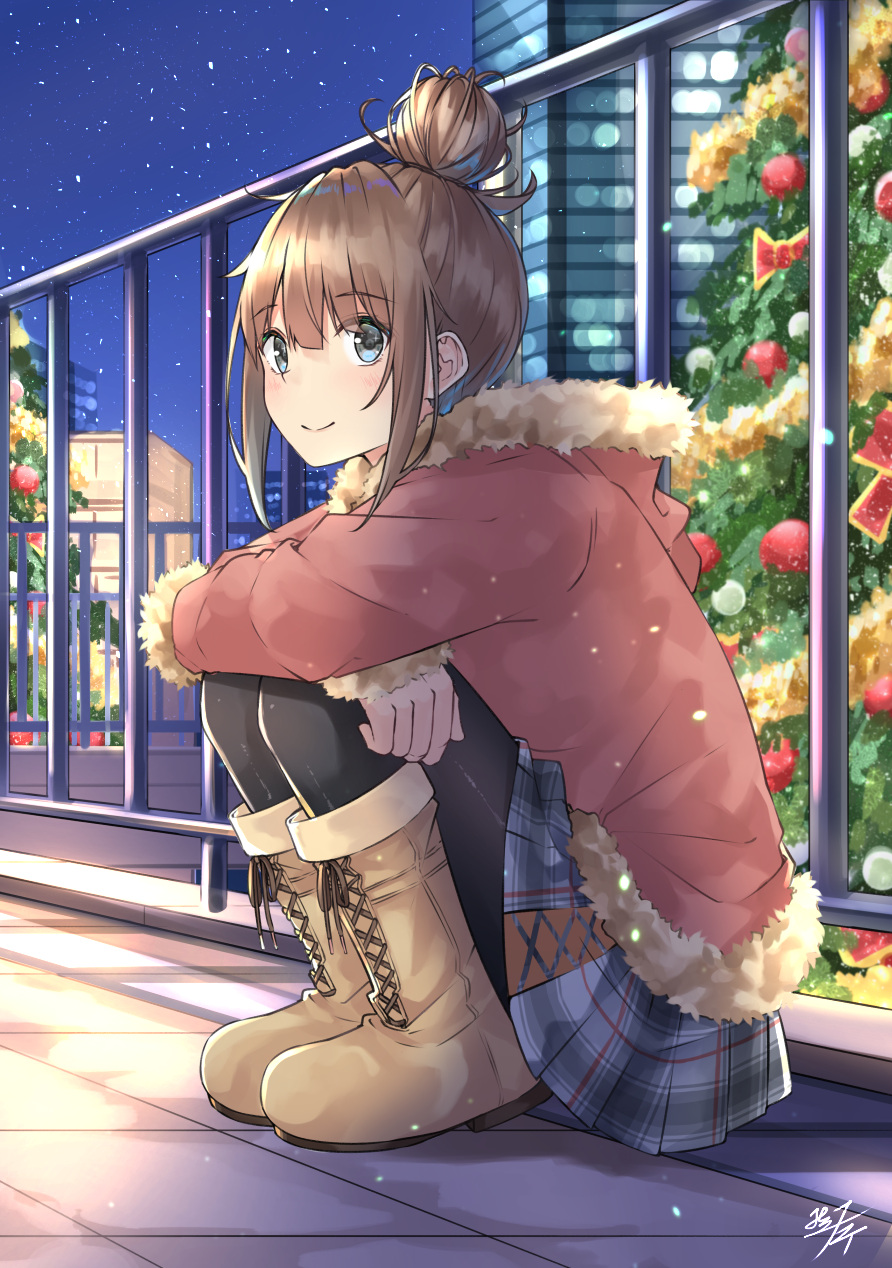 1girl black_legwear blue_eyes blue_skirt blush boots brown_footwear brown_hair brown_jacket building christmas christmas_ornaments christmas_tree closed_mouth commentary_request cross-laced_footwear fur-trimmed_hood fur-trimmed_jacket fur_trim hair_bun highres hood hood_down hooded_jacket jacket lace-up_boots long_sleeves looking_away miko_fly night night_sky original outdoors pantyhose plaid plaid_skirt pleated_skirt railing sidelocks skirt sky sleeves_past_wrists smile solo squatting star_(sky) starry_sky