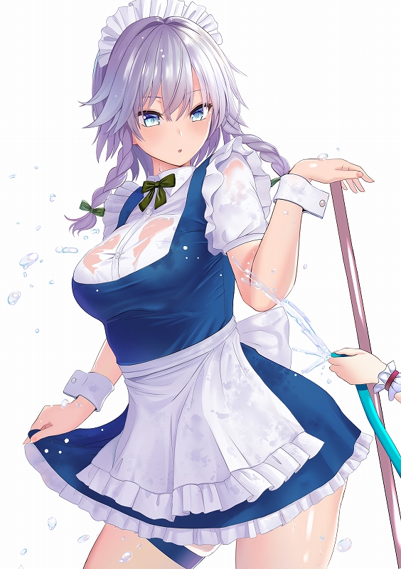 1girl :o amisu apron bangs blue_dress blue_eyes blush bow braid breasts collarbone commentary_request cowboy_shot dress eyebrows_visible_through_hair frilled_apron frills green_bow hair_between_eyes hair_bow hand_up holding hose izayoi_sakuya large_breasts looking_at_viewer maid maid_apron maid_headdress parted_lips petticoat shirt short_dress short_hair short_sleeves silver_hair simple_background solo_focus standing thigh_strap thighs touhou twin_braids waist_apron water white_apron white_background white_shirt wrist_cuffs