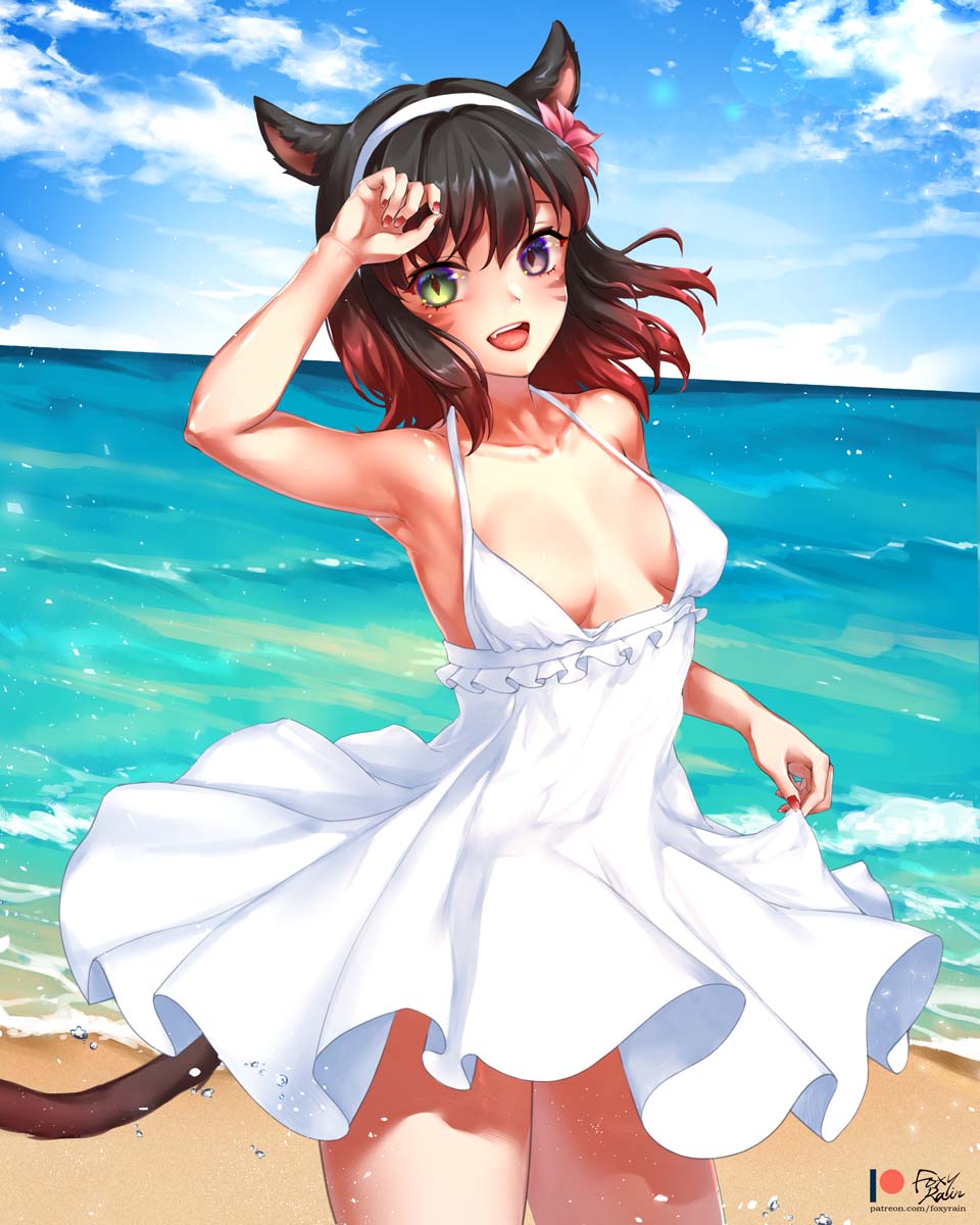 1girl animal_ears arm_up bangs bare_shoulders beach black_hair blue_sky blush breasts breasts_apart cat_ears cat_tail clouds collarbone cowboy_shot day dress facial_mark fang final_fantasy final_fantasy_xiv flower foxy_rain gradient_hair hair_flower hair_ornament hairband heterochromia highres horizon looking_at_viewer medium_breasts miqo'te multicolored_hair ocean open_mouth outdoors profile redhead short_hair signature sky slit_pupils solo tail water watermark web_address whisker_markings white_dress