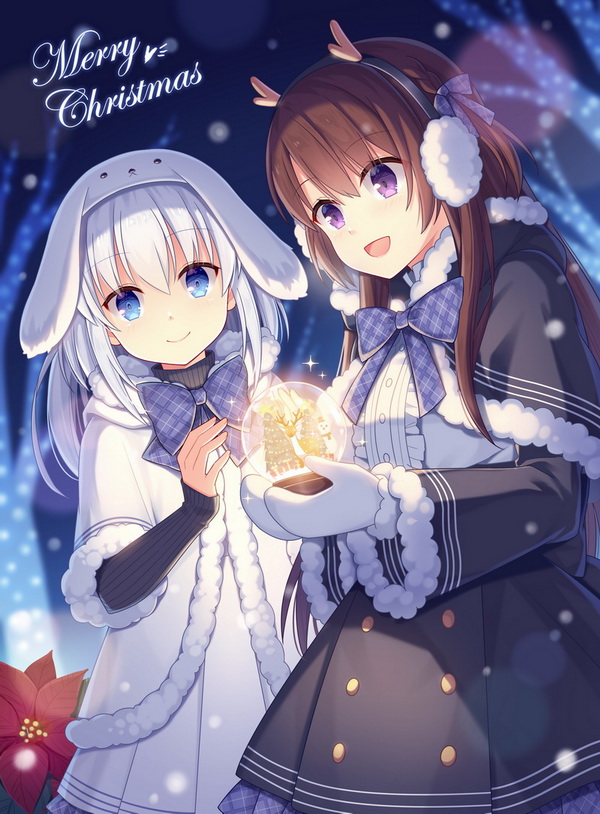 2girls :d bangs black_capelet black_skirt blue_bow blue_eyes blurry blurry_background blush bow brown_hair capelet center_frills character_request christmas closed_mouth commentary_request depth_of_field earmuffs eyebrows_visible_through_hair flower frills fur-trimmed_capelet fur-trimmed_sleeves fur_trim hair_between_eyes hitsuki_rei long_hair long_sleeves merry_christmas mittens multiple_girls open_mouth plaid plaid_bow red_flower shirt short_over_long_sleeves short_sleeves skirt smile snow_globe snowdreams_-lost_in_winter- very_long_hair violet_eyes white_coat white_hair white_mittens white_shirt