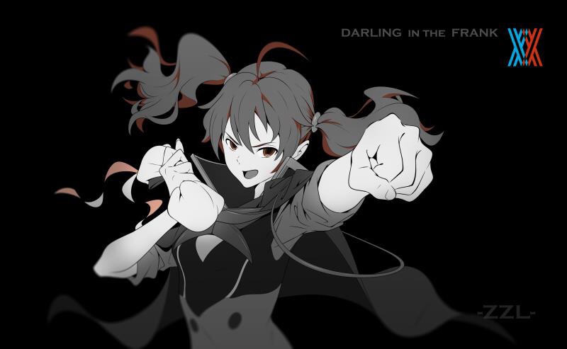1girl artist_name bangs beret black_background brown_eyes brown_hair copyright_name darling_in_the_franxx hair_between_eyes hair_ornament hat headwear headwear_removed holding holding_hat logo long_hair looking_at_viewer miku_(darling_in_the_franxx) monochrome open_mouth simple_background smile solo stretched_limb twintails uniform upper_body zzl