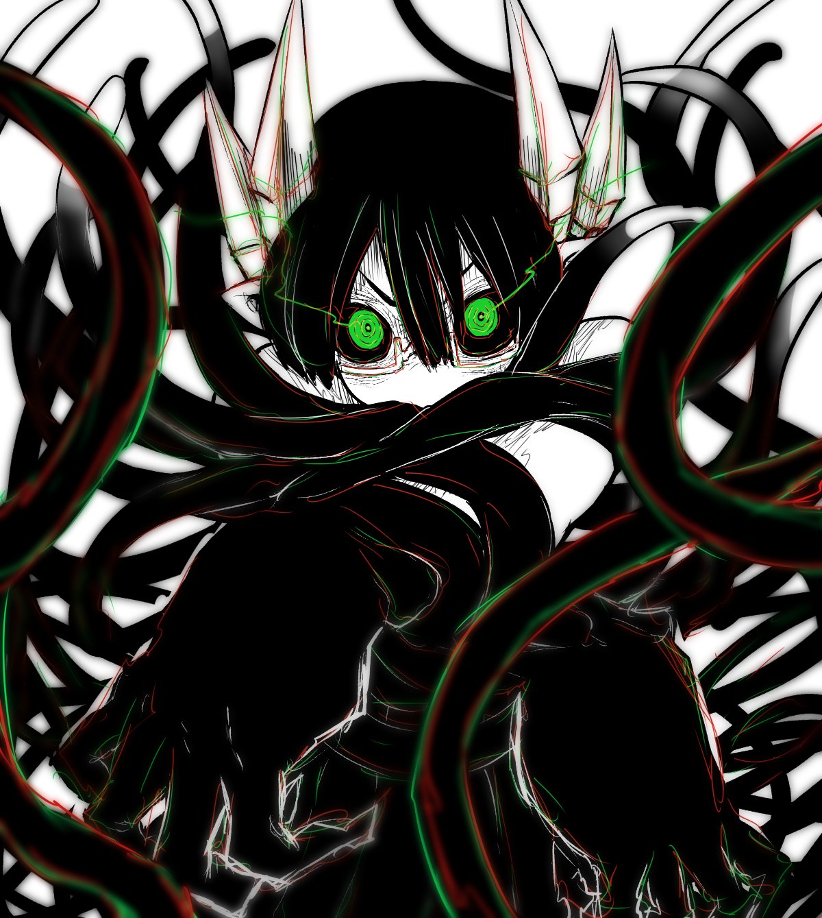 1girl black_hair eyebrows glasses green_eyes highres horns juugoya_(zyugoya) limited_palette long_hair merii_(musuko_ga_kawaikute_shikatanai_mazoku_no_hahaoya) musuko_ga_kawaikute_shikatanai_mazoku_no_hahaoya pointy_ears semi-rimless_eyewear shading tentacles transformation under-rim_eyewear white_background