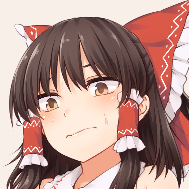 1girl bangs bare_shoulders black_hair blush bow brown_eyes commentary_request frilled_shirt_collar frills grey_background hair_bow hair_tubes hakurei_reimu long_hair looking_at_viewer miyo_(ranthath) portrait red_bow sidelocks simple_background solo sweat touhou