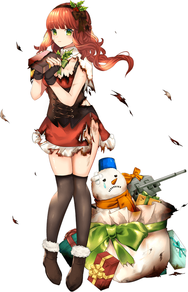 1girl artist_request bell belt black_belt black_gloves black_legwear box brown_footwear de_ruyter_(kantai_collection) eyebrows_visible_through_hair fingerless_gloves gift gift_box gloves green_eyes green_ribbon holding holding_gift kantai_collection long_hair machinery official_art redhead ribbon santa_costume shoes snowman solo thigh-highs torn_clothes transparent_background turret