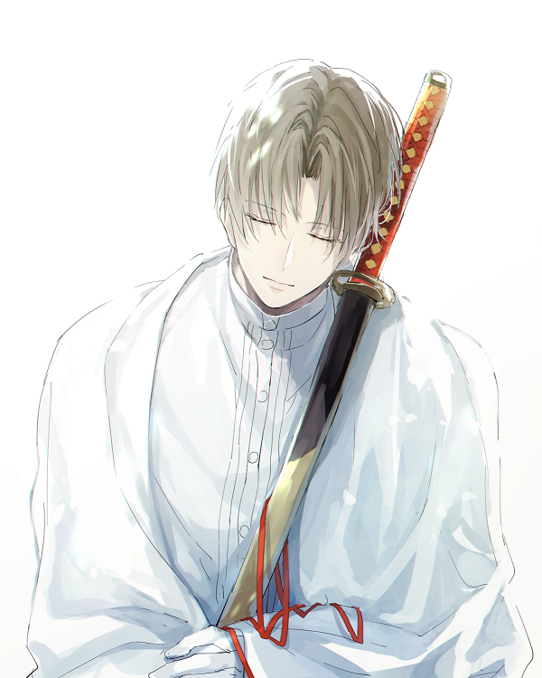 1boy bangs brown_hair buttons closed_eyes closed_mouth collar collared_shirt eyebrows_visible_through_hair eyes_visible_through_hair gloves heshikiri_hasebe holding holding_sword holding_weapon kasa77322 katana male_focus red_ribbon ribbon shirt short_hair simple_background solo sword touken_ranbu upper_body weapon white_background white_gloves white_shirt
