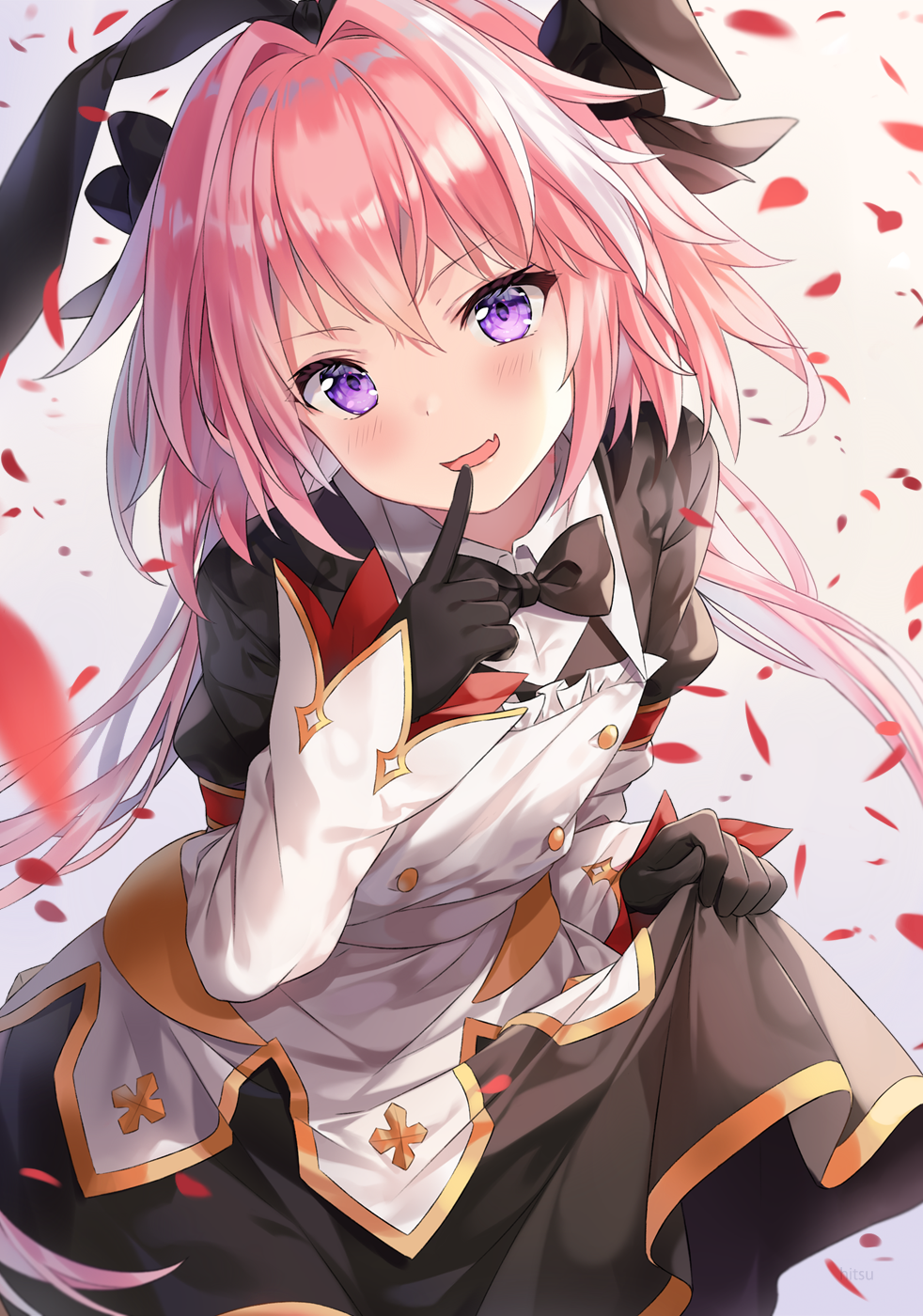 1boy astolfo_(fate) astolfo_(saber)_(fate) bangs black_bow black_dress black_gloves black_neckwear black_ribbon blush bow bowtie buttons dress eyebrows_visible_through_hair fang fate/grand_order fate_(series) gloves hair_between_eyes hair_bow hair_intakes hair_ribbon highres hitsukuya index_finger_raised juliet_sleeves layered_skirt long_hair long_sleeves looking_at_viewer multicolored_hair open_mouth otoko_no_ko petals pink_hair puffy_sleeves ribbon skirt smile solo streaked_hair violet_eyes white_hair white_skirt wide_sleeves wing_collar