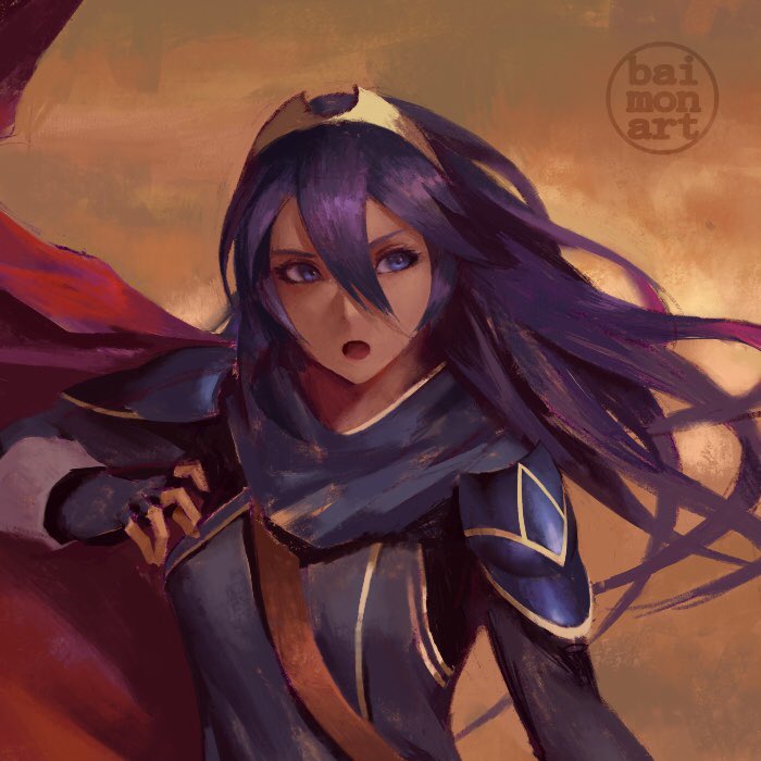1girl armor artist_logo baimon bangs blue_eyes blue_gloves blue_hair brown_background cape fingerless_gloves fire_emblem fire_emblem_awakening gloves gold_trim long_hair long_sleeves looking_to_the_side lucina lucina_(fire_emblem) open_mouth red_cape shiny shiny_hair shoulder_armor sidelocks simple_background solo tiara upper_body