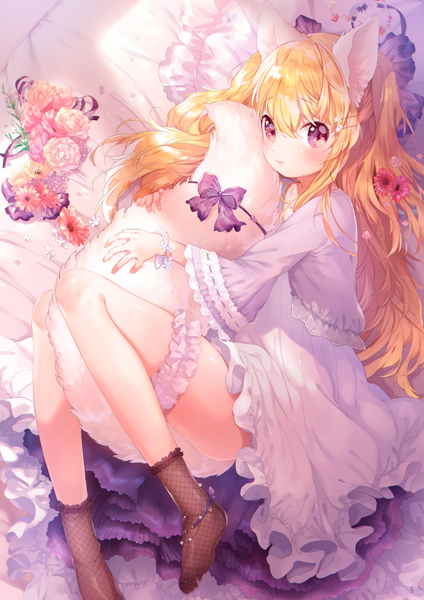 1girl animal_ear_fluff animal_ears bangs bed_sheet blonde_hair bow brown_legwear dress eyebrows_visible_through_hair fishnet_legwear fishnets flower fox_ears fox_girl fox_tail grey_jacket hair_between_eyes hair_flower hair_ornament hairclip highres jacket long_hair long_sleeves lying mutou_mato no_shoes on_side original purple_bow red_flower ribbon-trimmed_sleeves ribbon_trim rose socks solo tail tail_bow tail_hug very_long_hair violet_eyes white_dress white_flower white_rose wide_sleeves