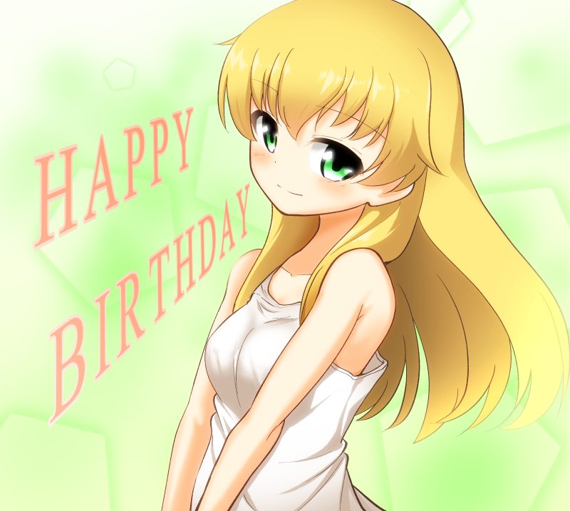 1girl bangs blonde_hair blush carpaccio casual closed_mouth commentary_request dress english_text eyebrows_visible_through_hair girls_und_panzer green_eyes happy_birthday long_hair looking_at_viewer rebirth42000 sleeveless sleeveless_dress smile solo sundress upper_body white_dress
