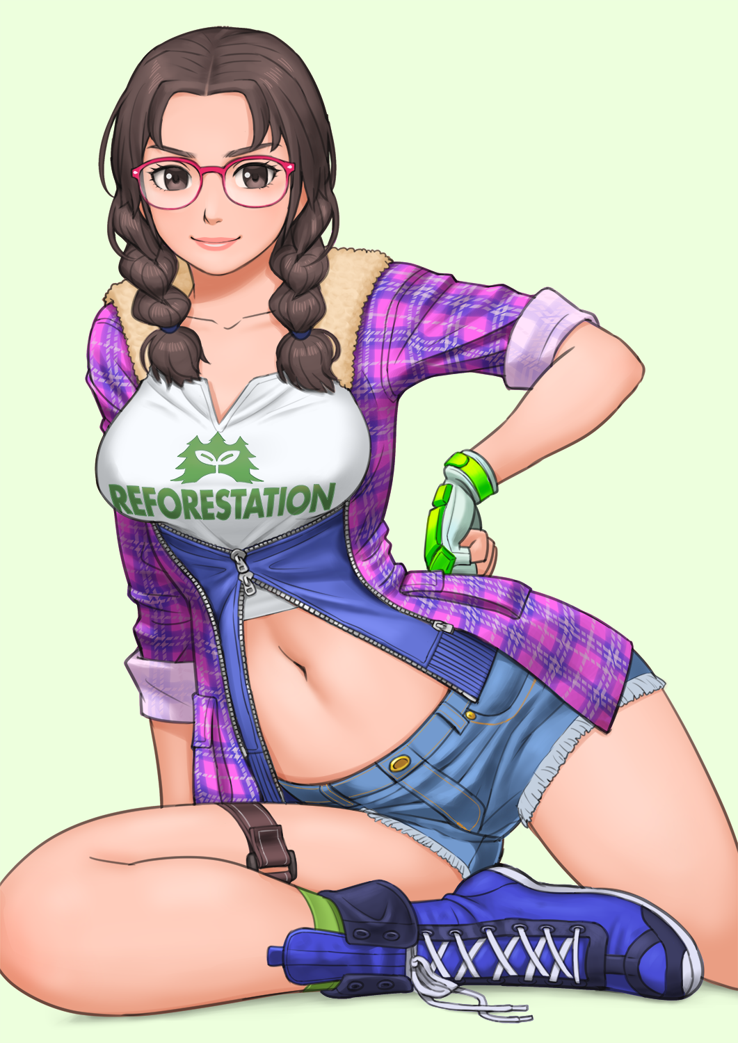 1girl blue_footwear boots braid breasts brown_eyes brown_hair checkered checkered_shirt clothes_writing collarbone cross-laced_footwear denim denim_shorts fingerless_gloves forehead glasses gloves green_background green_legwear hand_on_hip highres julia_chang lace-up_boots lips looking_at_viewer medium_breasts medium_hair namco navel padded_gloves partially_unzipped pink-framed_eyewear shigenobu shirt short_shorts shorts sitting sleeves_rolled_up socks solo tekken tekken_7 thigh_strap toned twin_braids zipper