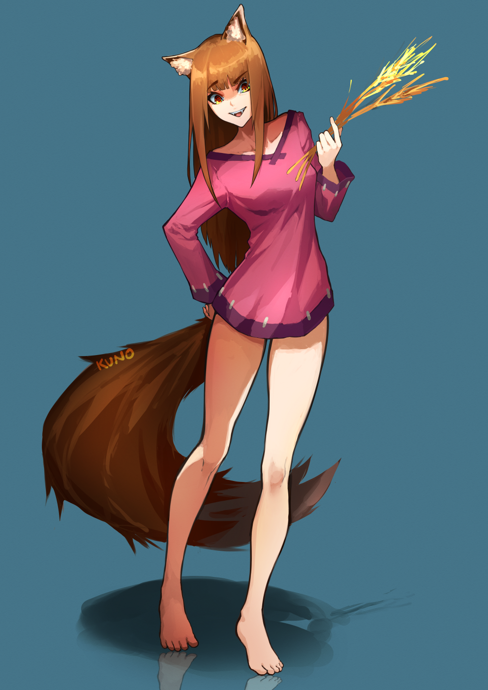 1girl animal_ears artist_name bangs barefoot blue_background blunt_bangs brown_hair collarbone eyebrows_visible_through_hair fangs full_body hand_on_hip highres holo kuno_(runkunochan) legs long_hair long_sleeves looking_at_viewer no_pants open_mouth orange_eyes pink_shirt red_eyes reflection reflective_floor shadow shirt sidelocks simple_background solo spice_and_wolf tail toes wheat wolf_ears wolf_girl wolf_tail