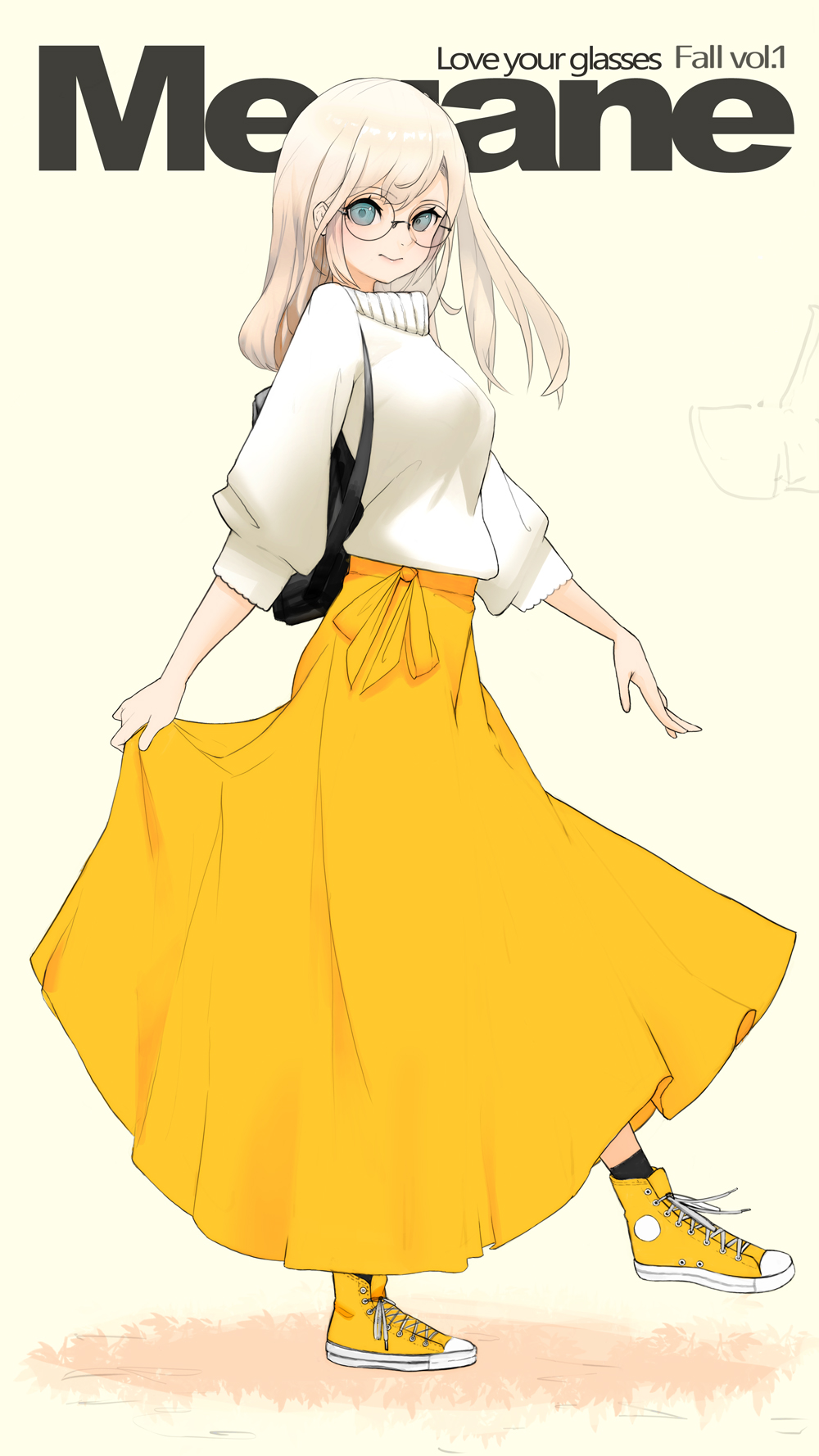 1girl blonde_hair blue_eyes english_text eyelashes glasses happy highres hiragana_(gomasyabu) long_hair long_skirt looking_at_viewer original shoes skirt skirt_hold smile solo yellow_footwear yellow_skirt