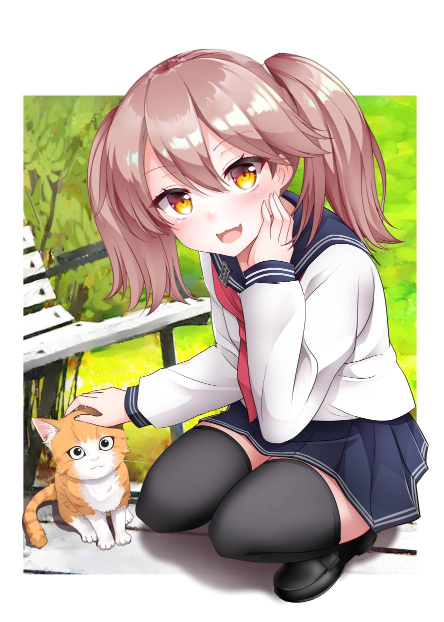 1girl alternate_costume anchor_symbol bench black_footwear black_legwear blush brown_eyes brown_hair cat day eyebrows_visible_through_hair hair_between_eyes hair_ornament highres kantai_collection kirigakure_(kirigakure_tantei_jimusho) long_hair long_sleeves looking_at_viewer neckerchief open_mouth ryuujou_(kantai_collection) school_uniform serafuku shoes sitting skirt smile solo thigh-highs