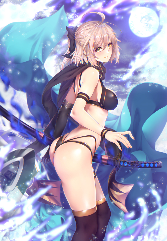 1girl ahoge ass asymmetrical_gloves bangs bare_shoulders bikini black_bikini black_bow black_gloves black_legwear black_scarf blonde_hair blush bow breasts closed_mouth elbow_gloves fate/grand_order fate_(series) full_moon gloves hair_between_eyes hair_bow half_updo haori highleg highleg_bikini japanese_clothes katana looking_at_viewer moon multi-strapped_bikini night night_sky ocean okita_souji_(fate)_(all) okita_souji_(swimsuit_assassin)_(fate) scarf sheath single_elbow_glove single_glove sky smile swimsuit sword thigh-highs thigh_strap thighs water weapon wristband yellow_eyes zucchini