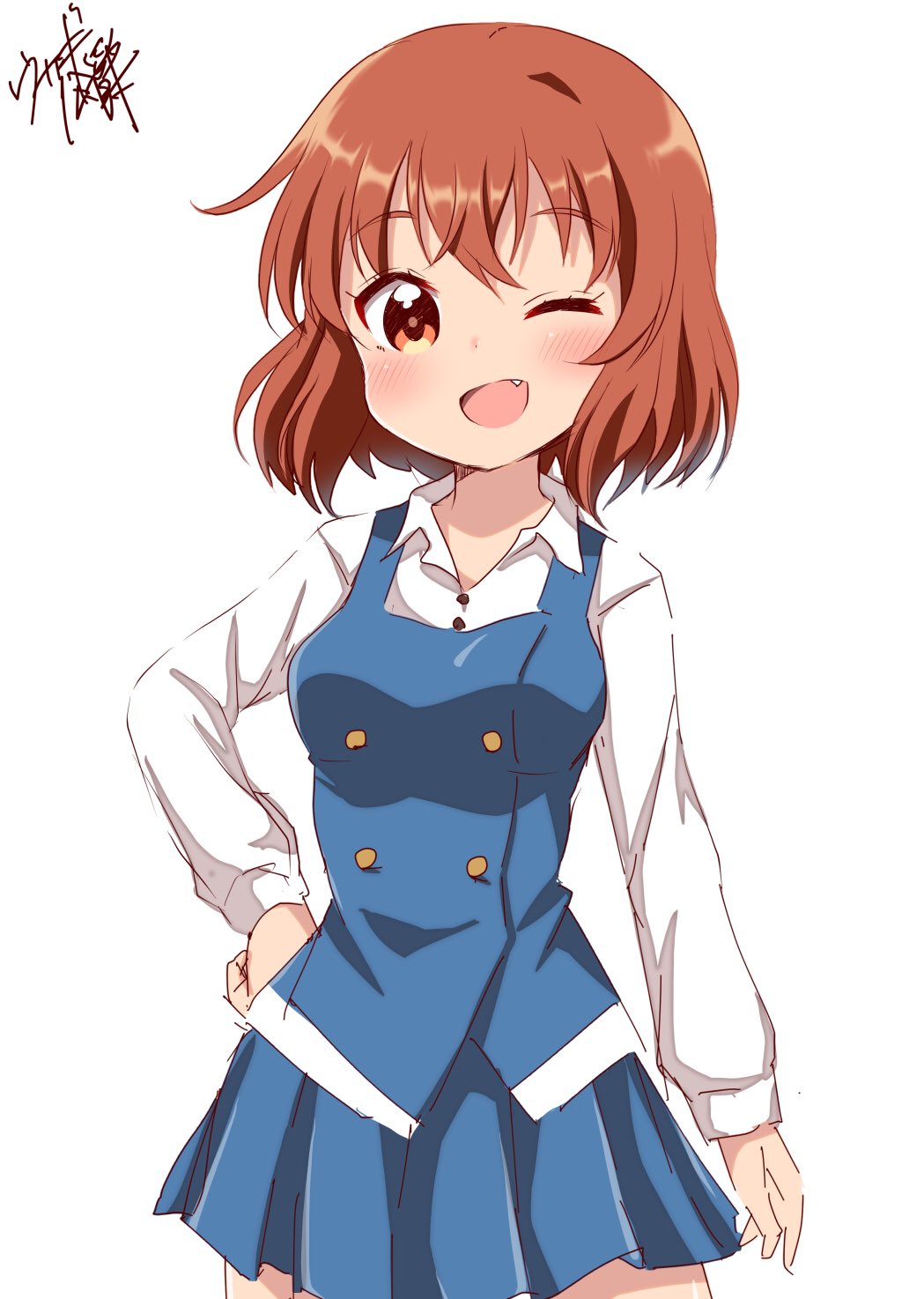 1girl anime_coloring bangs blue_skirt blue_vest blush breasts brown_eyes brown_hair collared_shirt commentary_request cowboy_shot cute dress_shirt eyebrows_visible_through_hair fang hand_on_hip highres hobunsha inokuma_youko kin-iro_mosaic long_sleeves looking_at_viewer moe one_eye_closed open_mouth pleated_skirt school_uniform shirt short_hair signature simple_background sketch skirt smile solo standing studio_gokumi usagi_koushaku vest white_background white_shirt