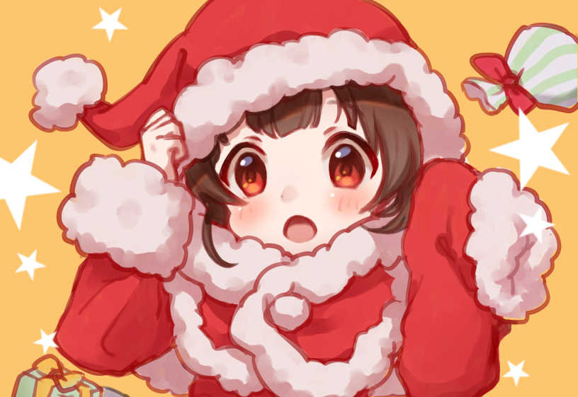 1girl arm_up blush box brown_hair capelet character_request commentary_request fur-trimmed_capelet fur-trimmed_hat fur-trimmed_sleeves fur_trim gift gift_box hand_up hat idolmaster idolmaster_million_live! long_sleeves nuno_(pppompon) open_mouth orange_background red_capelet red_eyes red_headwear santa_costume santa_hat sleeves_past_fingers sleeves_past_wrists solo star starry_background upper_body