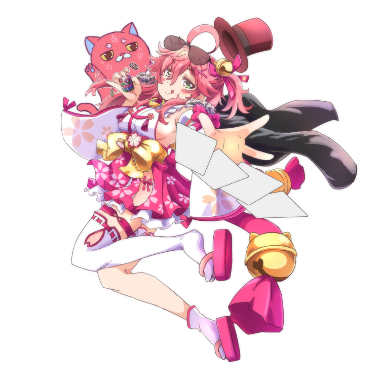1girl :p ahoge bell breasts card cat cherry_blossoms eyewear_on_head full_body green_eyes hair_bell hair_ornament hairclip hat hat_removed headwear_removed holding hololive kintoki_(miko_channel) leg_garter looking_at_viewer medium_breasts one_side_up pink_cat pink_hair sakura_miko sideboob single_thighhigh sunglasses thigh-highs token tongue tongue_out top_hat totsuki_tooka virtual_youtuber white_background white_legwear