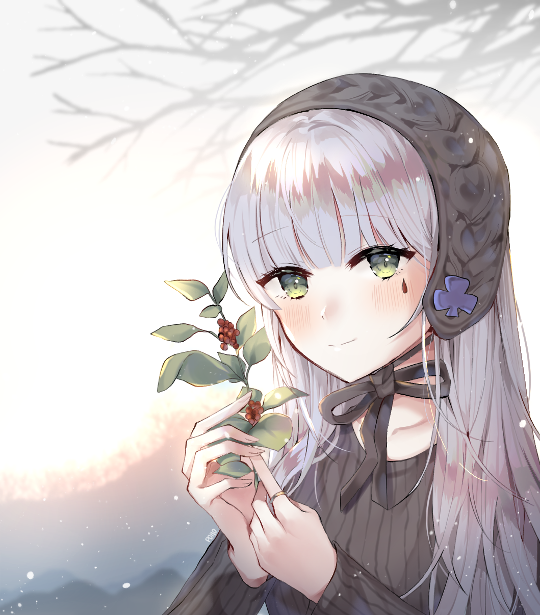 1girl alternate_costume black_hairband black_sweater blush day facepaint girls_frontline green_eyes hairband highres hk416_(girls_frontline) holding_mistletoe iron_cross jewelry lolita_hairband long_hair looking_at_viewer outdoors ring silver_hair smile solo striped sweater teardrop tree upper_body user_uyfr2275 vertical_stripes winter winter_clothes