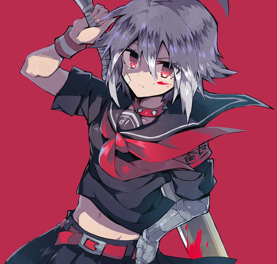 1girl ahoge armband bandaid baseball_bat belt blood blood_on_face bloody_weapon choker dana_zane delinquent holding holding_baseball_bat holding_weapon looking_at_viewer mechanical_arm prosthesis prosthetic_arm red_background red_eyes sailor_collar sasa_onigiri school_uniform short_hair sleeves_rolled_up solo sukeban va-11_hall-a weapon white_hair wristband