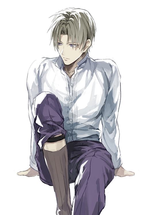 1boy arm_support bangs black_legwear blue_eyes blue_pants brown_hair buttons closed_mouth collar collared_shirt heshikiri_hasebe kasa77322 long_sleeves looking_to_the_side male_focus open_clothes open_shirt pants parted_bangs shirt short_hair simple_background sitting solo touken_ranbu white_background white_shirt